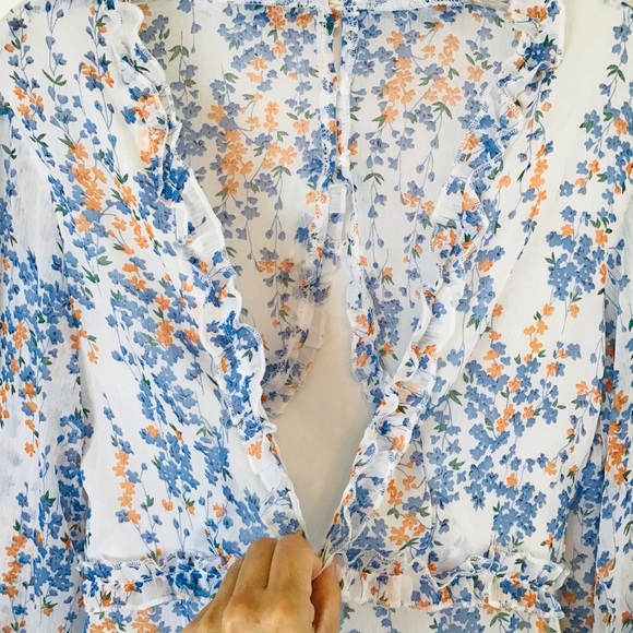Blue and White Semi Sheer Floral Print Dress - Picture 5 of 15